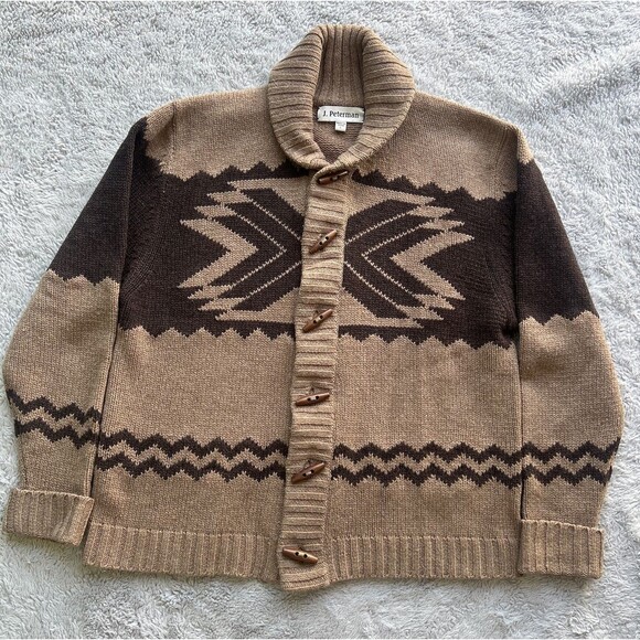 J. Peterman Men’s 100% Lambswool Cardigan Southwest Brown Wooden Toggles Large - Picture 1 of 10